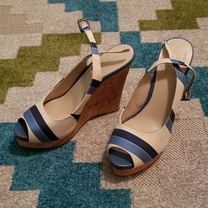 Blue/Cream Striped Peep Toe Wedges/Heels-Size 9M